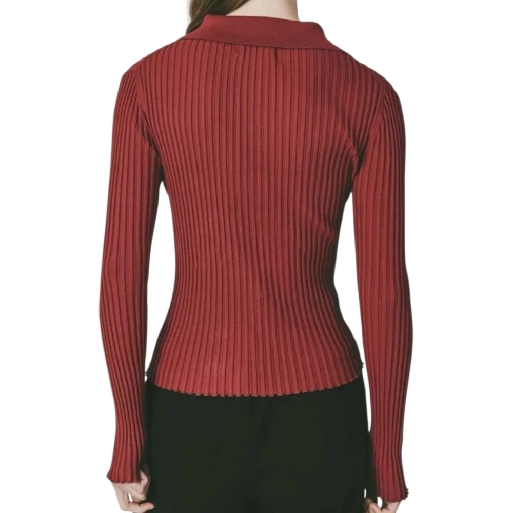 Zara Ribbed Knit Top Long Sleeved Sweater Button Front Brick Red Medium